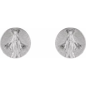 14K White Gold 8 X 8 Mm Pair Friction Backs Included Polished Tiny Miraculous Medal Stud Earrings