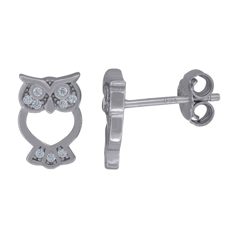 925 Sterling Silver Womens Cubic-Zirconia Owl Bird Stud Earrings
