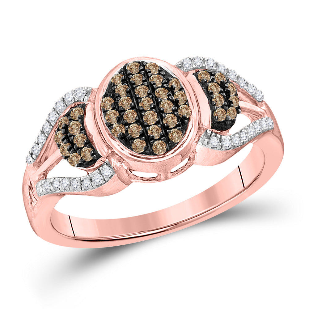 10K Rose Gold Womens Round Brown Diamond Oval Cluster Ring 1/3 Cttw, Womens Size: 5-10