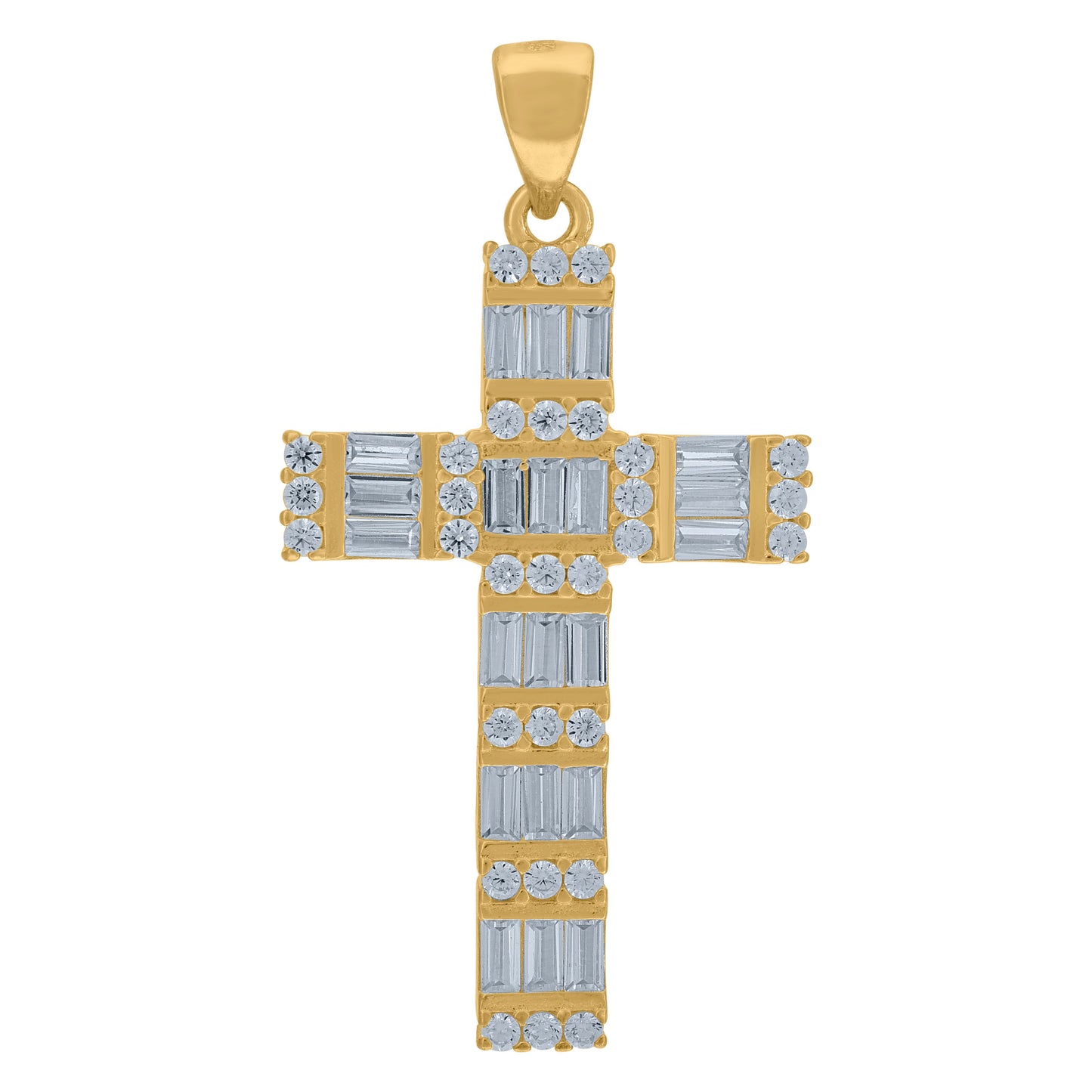 Sterling Silver Mens Baguette Cubic-Zirconia Cross Religious Charm Pendant