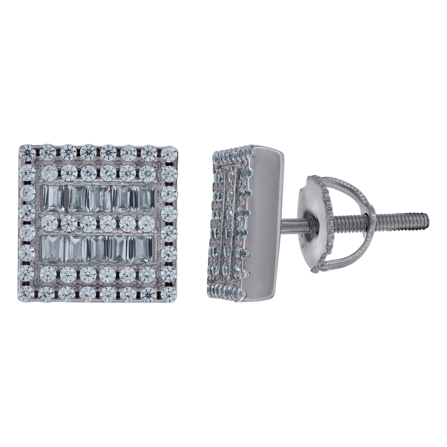 Sterling Silver Unisex Baguette Cubic-Zirconia Square Fashion Stud Earrings