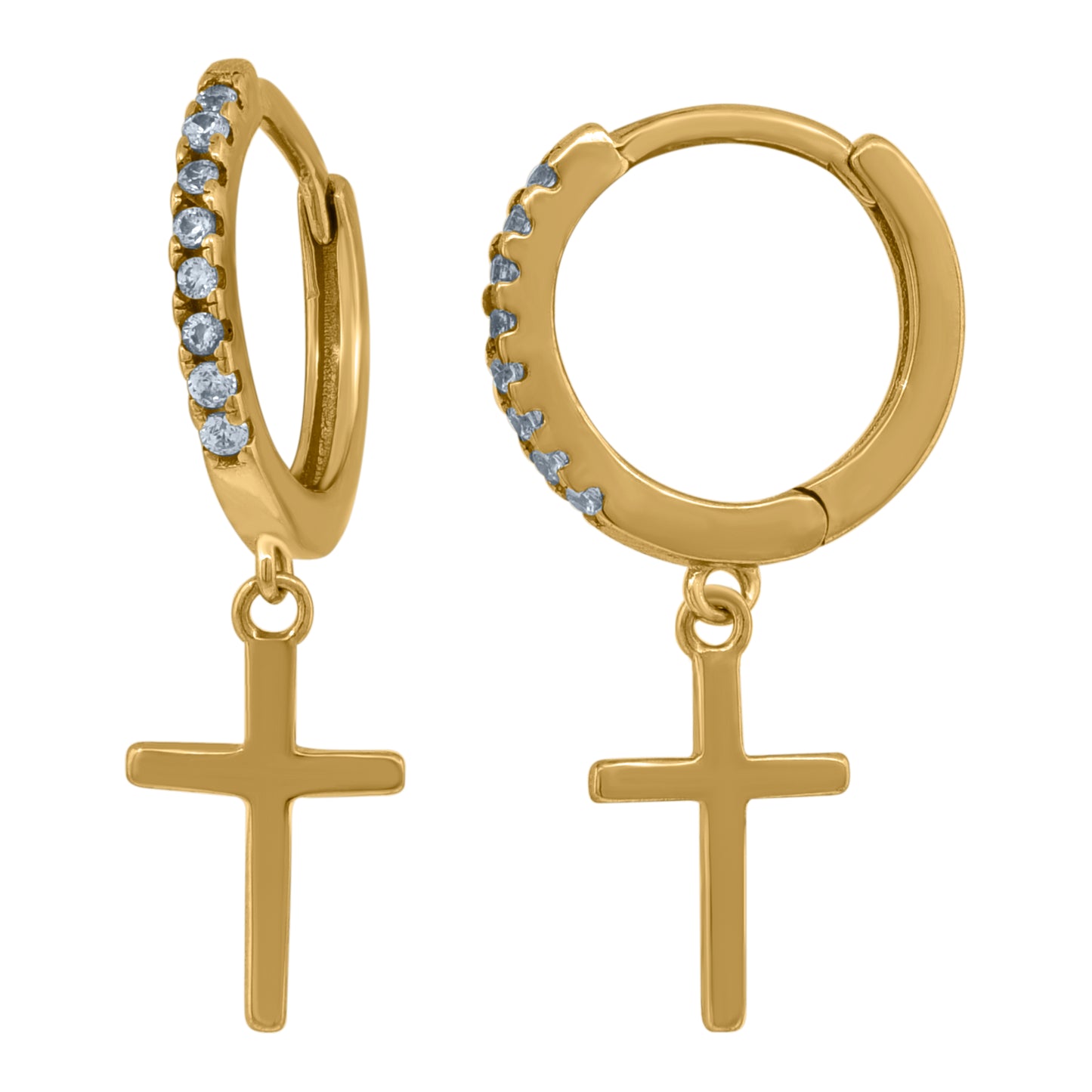 Sterling Silver Or Yellow-Tone Unisex Cubic-Zirconia Cross Religious Dangle Hoop Earrings