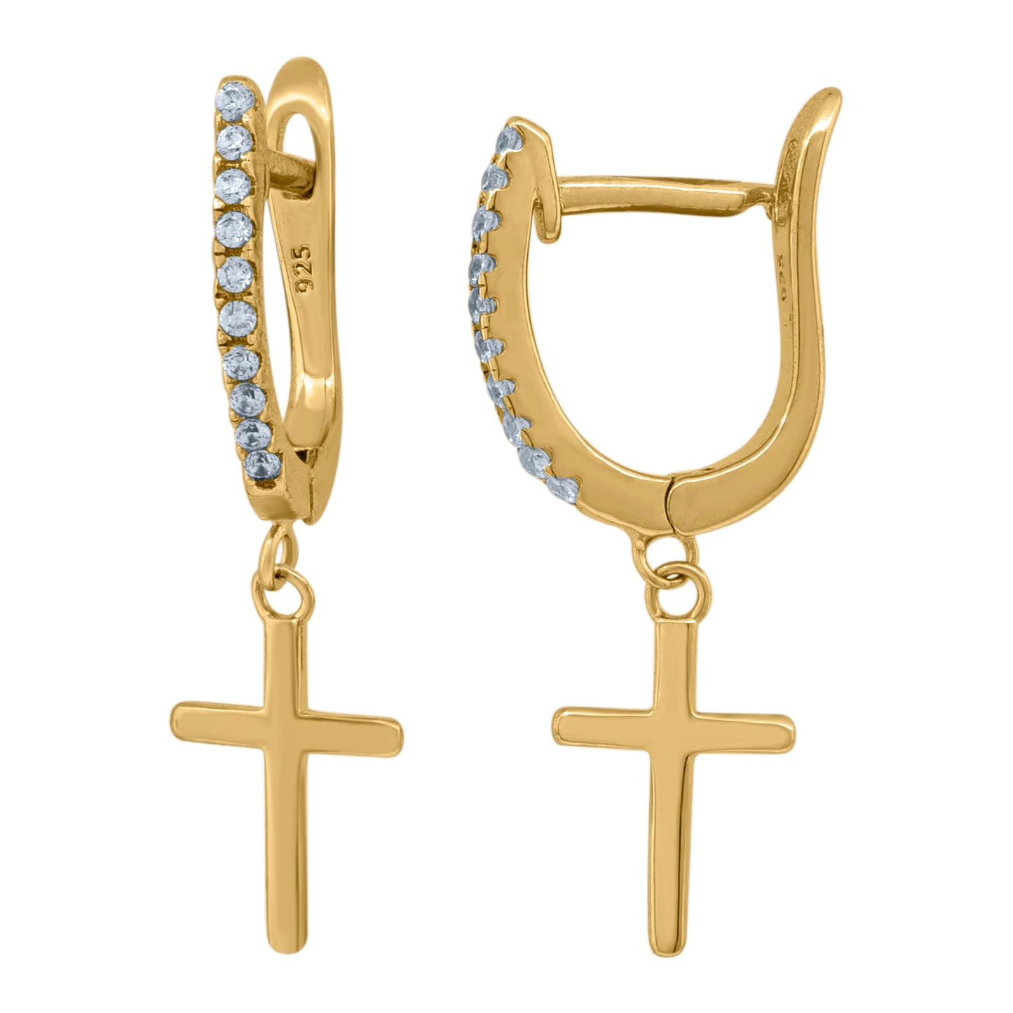 Sterling Silver Or Yellow-Tone Unisex Cubic-Zirconia Cross Religious Dangle Hoop Earrings