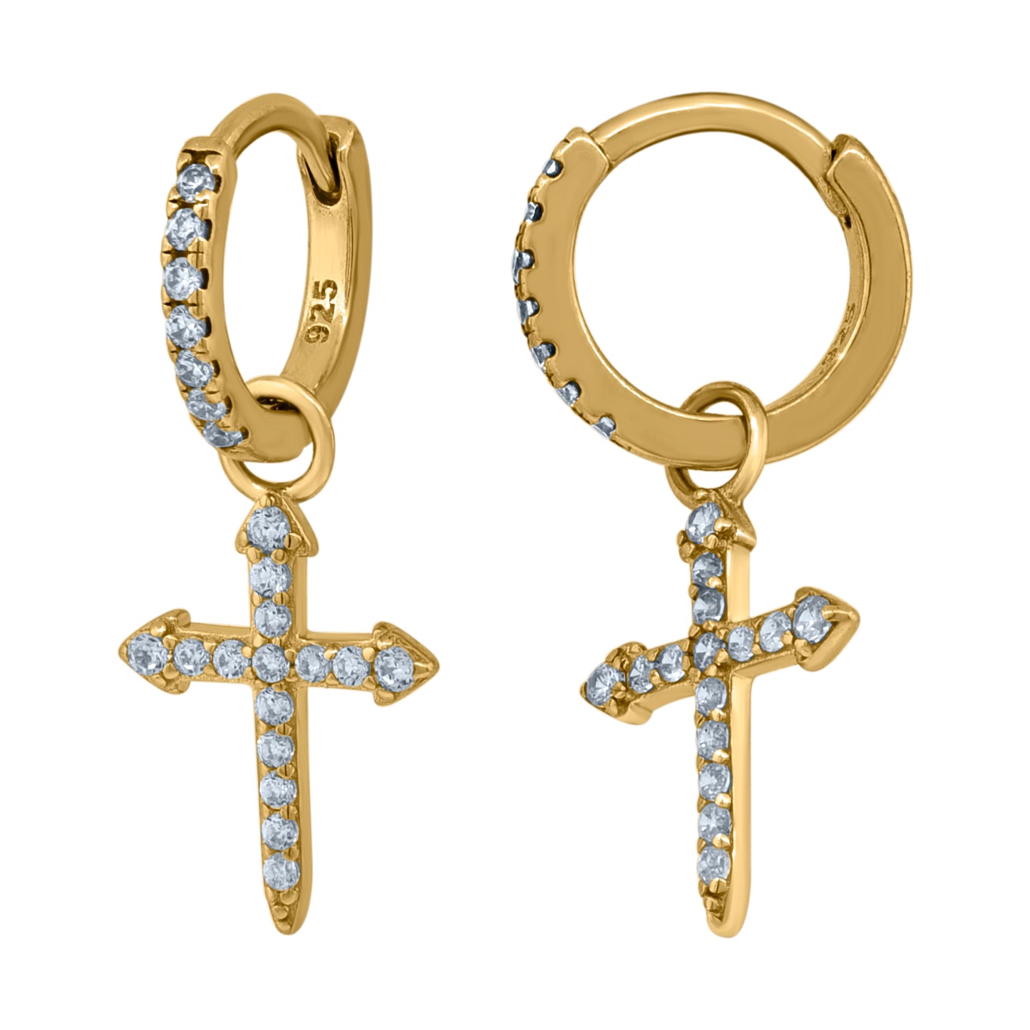 Sterling Silver Or Yellow-Tone Unisex Cubic-Zirconia Cross Religious Dangle Hoop Earrings
