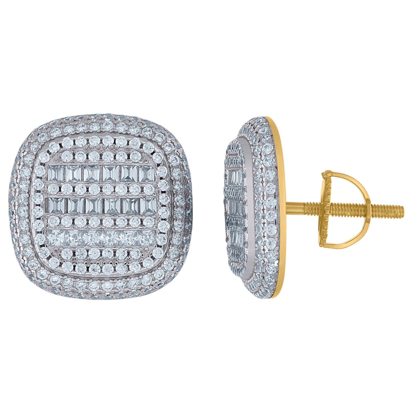 Sterling Silver Unisex Baguette Cubic-Zirconia Square Fashion Stud Earrings