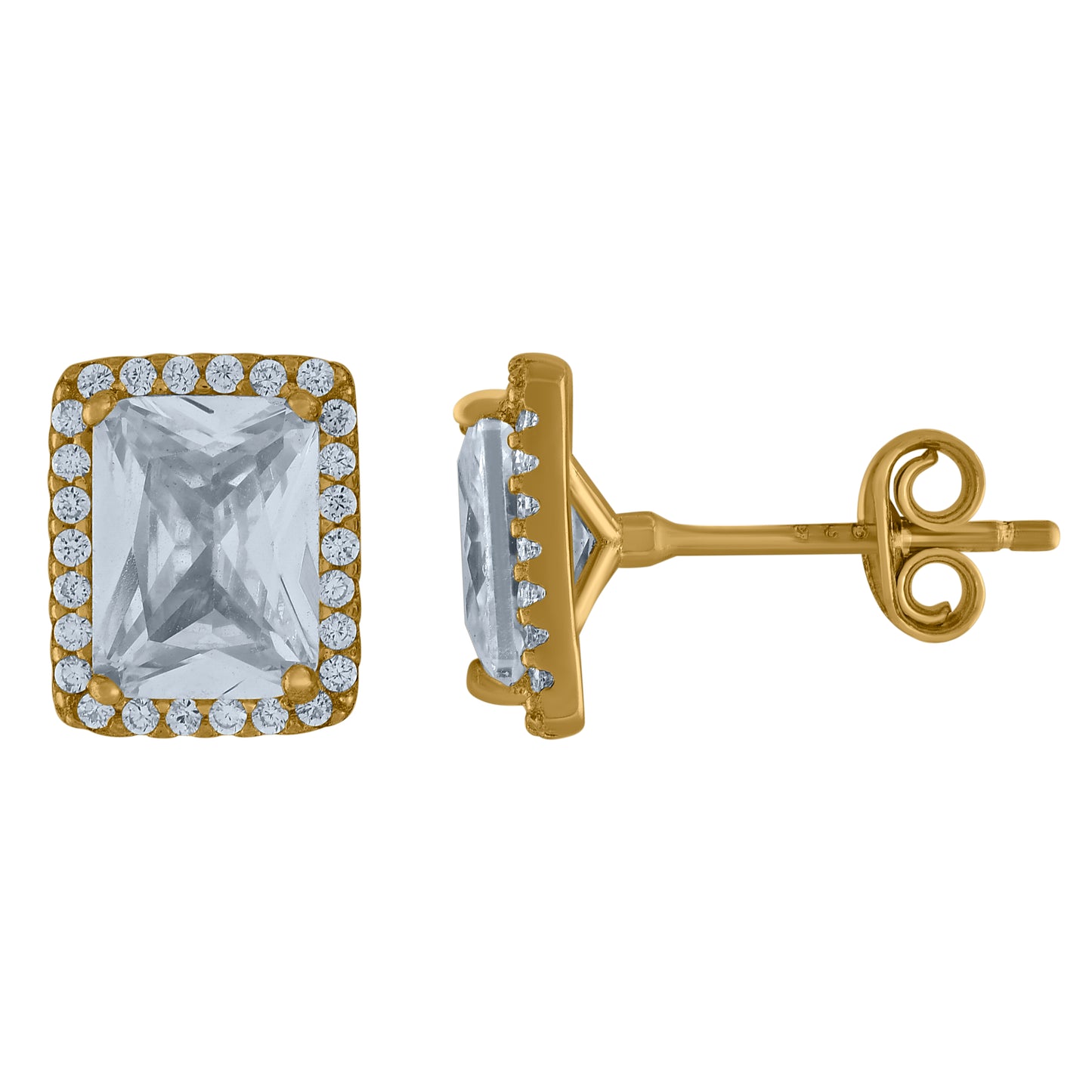 Sterling Silver Or Yellow-Tone Unisex Emerald Cubic-Zirconia Rectangle Fashion Stud Earrings