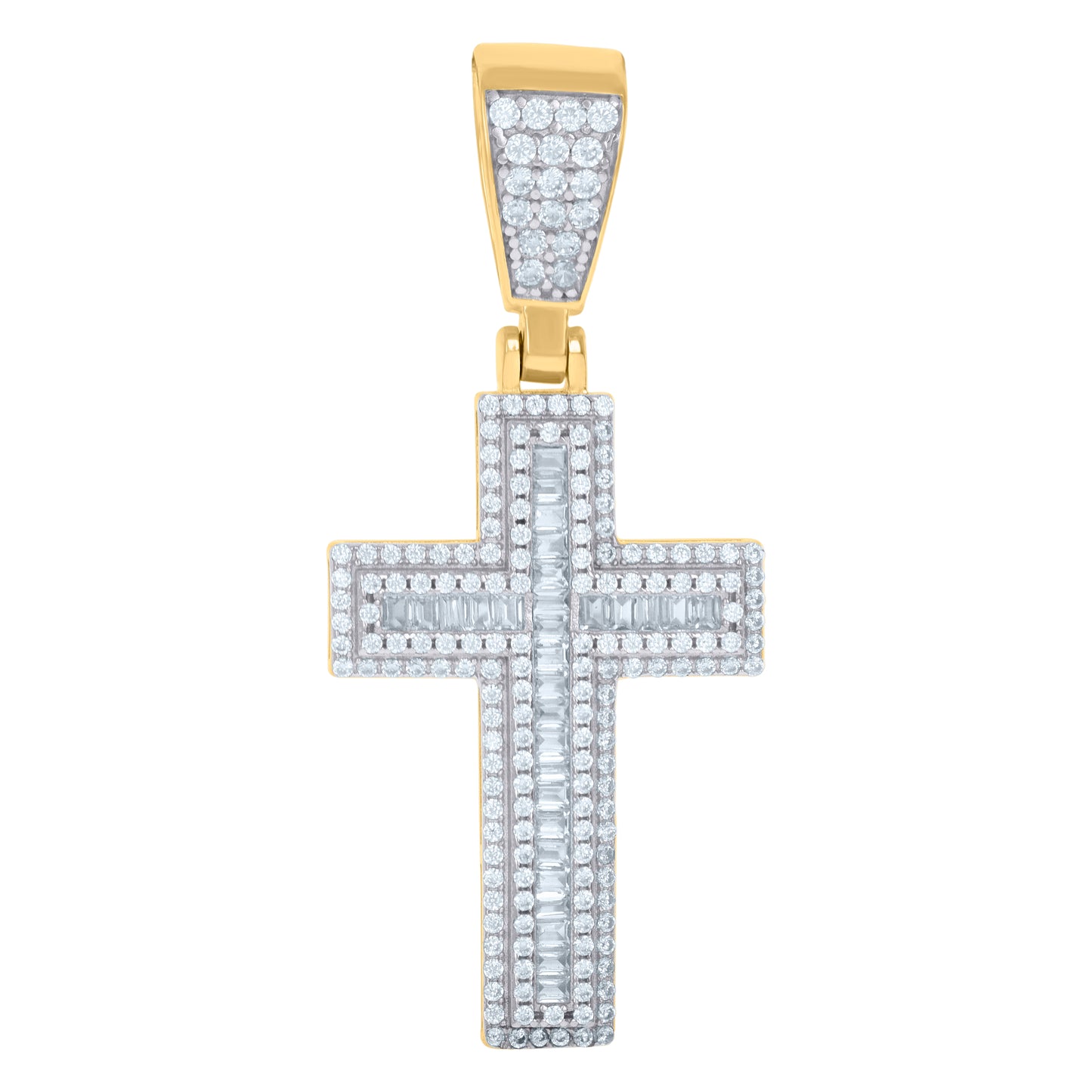 Sterling Silver Unisex Round Baguette Cubic-Zirconia Cross Religious Charm Pendant