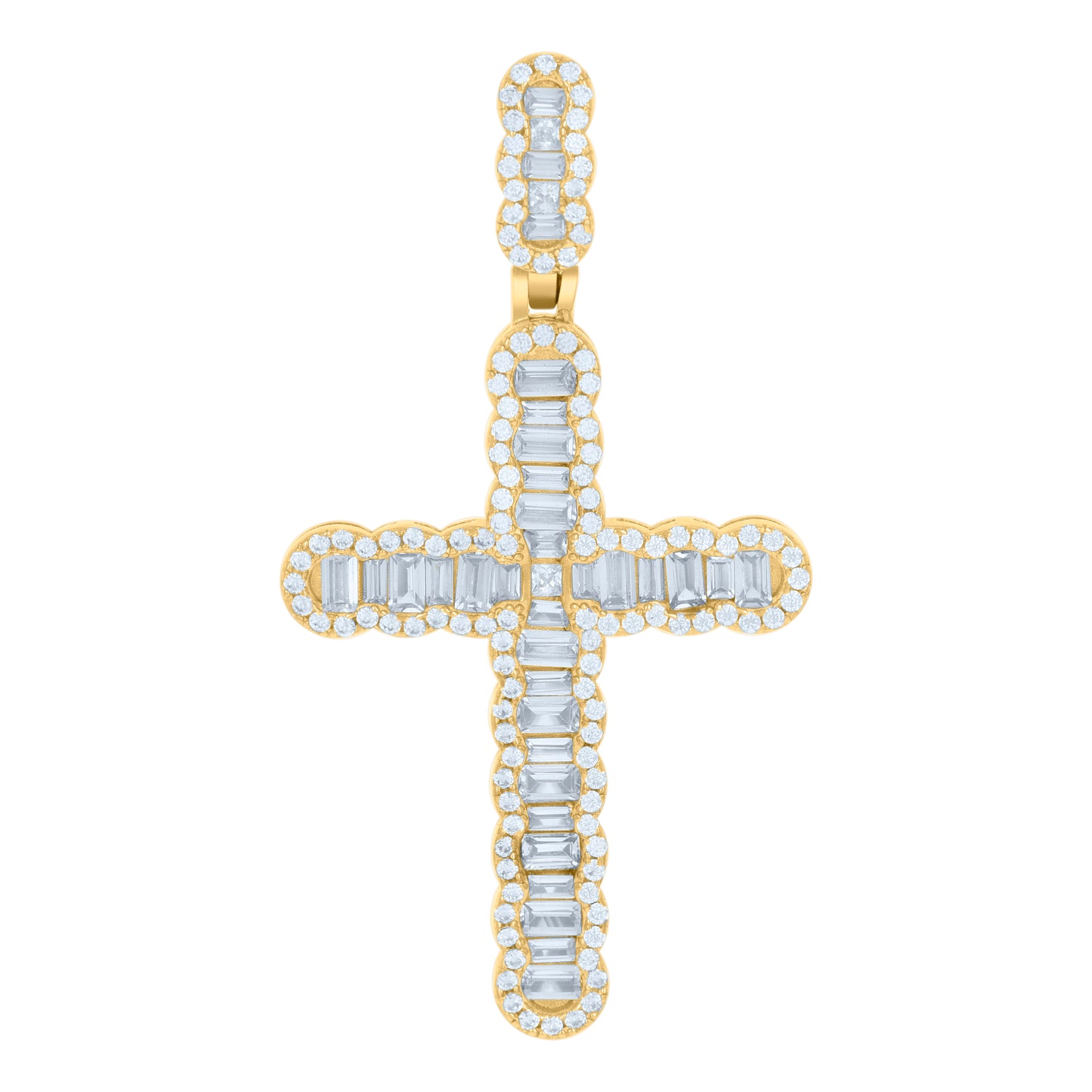 Sterling Silver Mens Baguette Round Cubic-Zirconia Cross Religious Charm Pendant