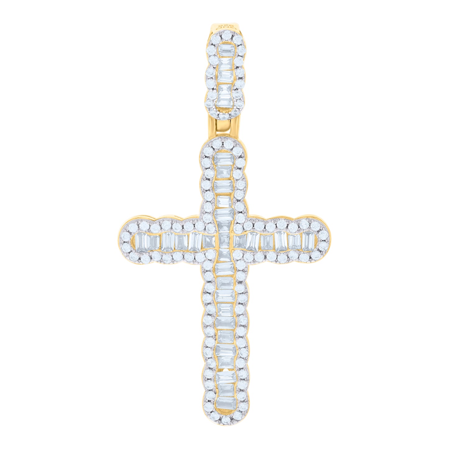 Sterling Silver Men Baguette Round Cubic-Zirconia Cross Religious Charm Pendant