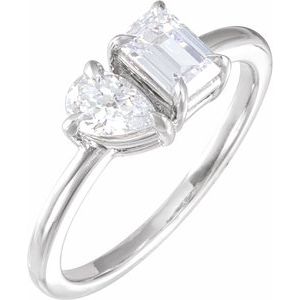 14K White Gold Emerald 6 X 4 Mm Polished 1 Ctw Lab-Grown Diamond 2-Stone Ring Size 7