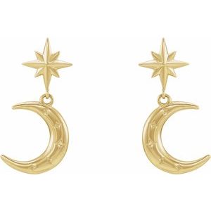 14K Yellow Gold 24.83 X 11.47 Mm Pair Friction Backs Polished Crescent Moon Dangle Earrings