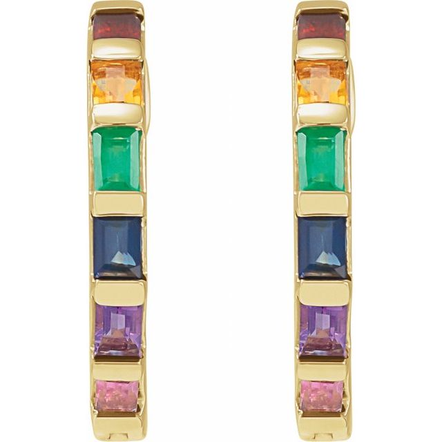 14K Yellow Or White Gold Straight Baguette 2.5 X 1.7 Mm Hinged Polished Natural Multi-Gemstone Hoop Earrings