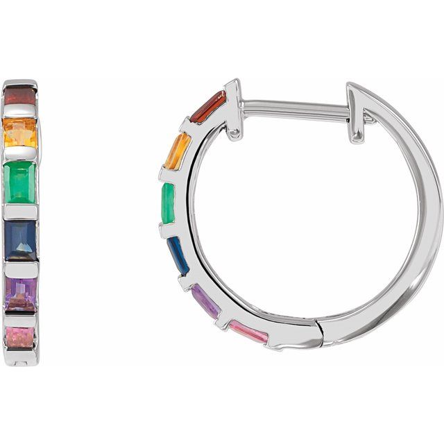 14K Yellow Or White Gold Straight Baguette 2.5 X 1.7 Mm Hinged Polished Natural Multi-Gemstone Hoop Earrings