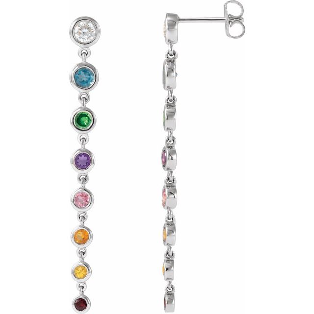 14K Yellow Or White Gold 3.8 Mm Round Friction Back Polished Natural Multi-Gemstone And 1/2 Ctw Natural Diamond Rainbow Bezel Drop Earrings