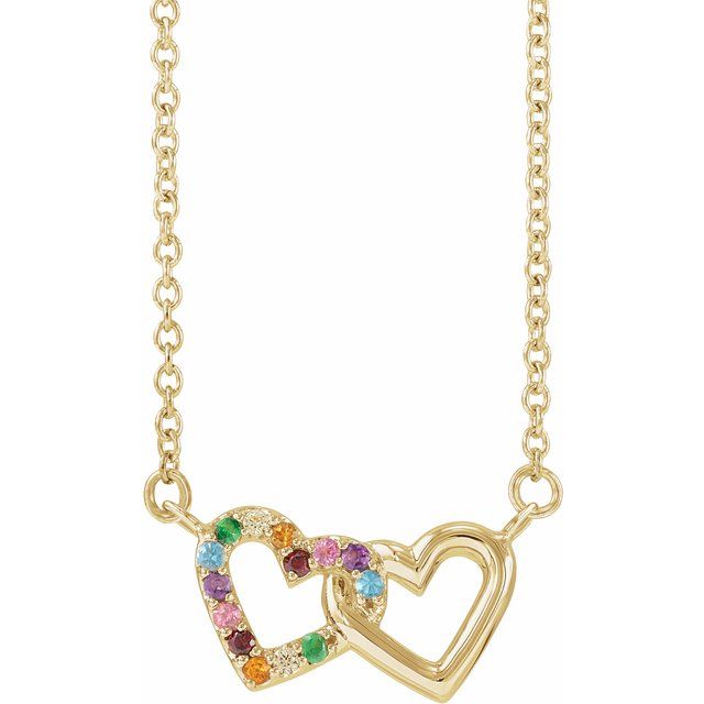 14K Yellow Gold Round 1 Mm 18 In Polished Natural Multi-Gemstone Double Interlocking Heart Necklace