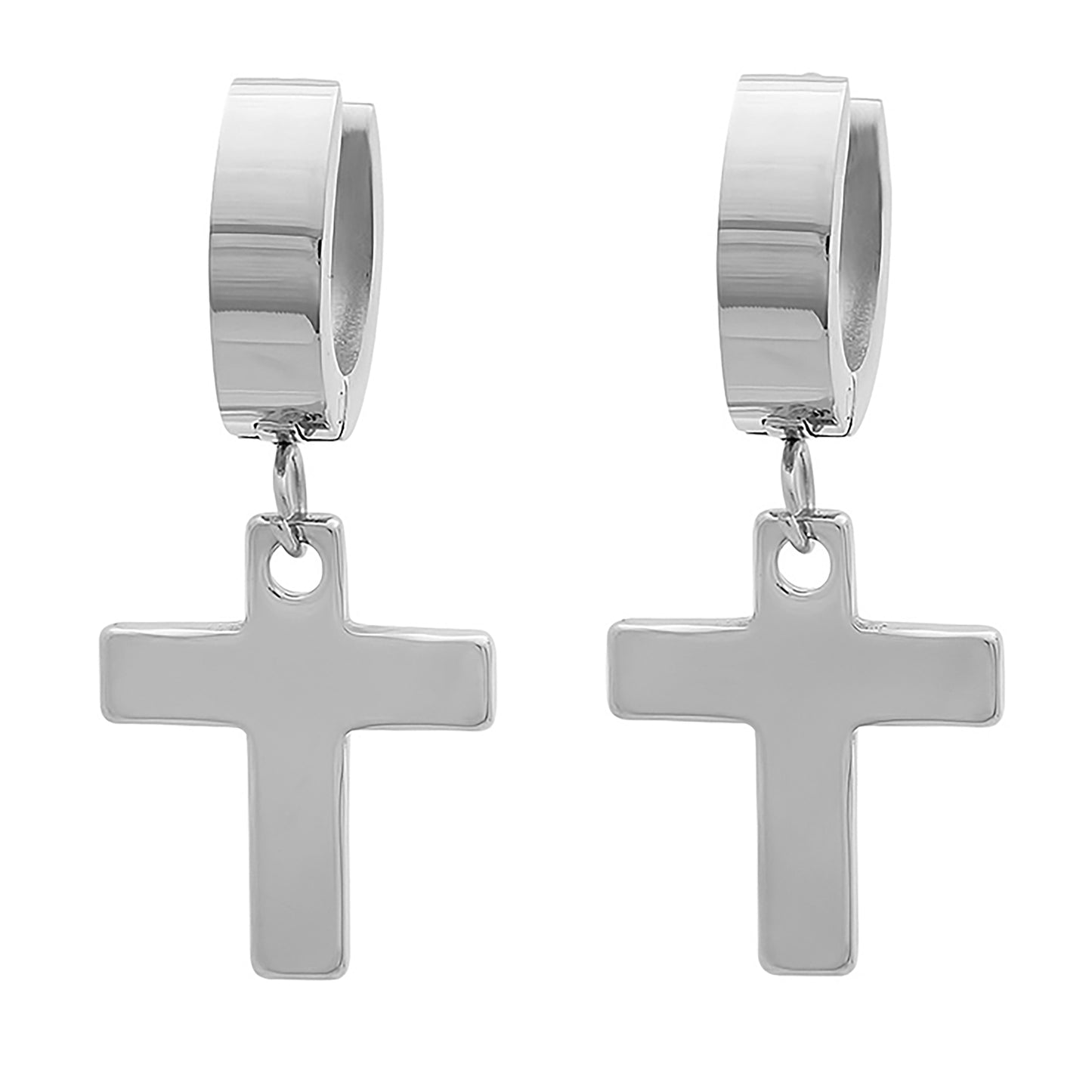 Stainless Steel Mens Cross Religious Dangler Hoop Earrings