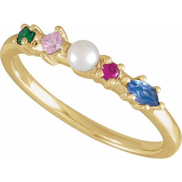 14K Yellow Or White Gold 3 Mm Polished Cultured White Freshwater Pearl And Natural Multi-Gemstone Ring, Size 7