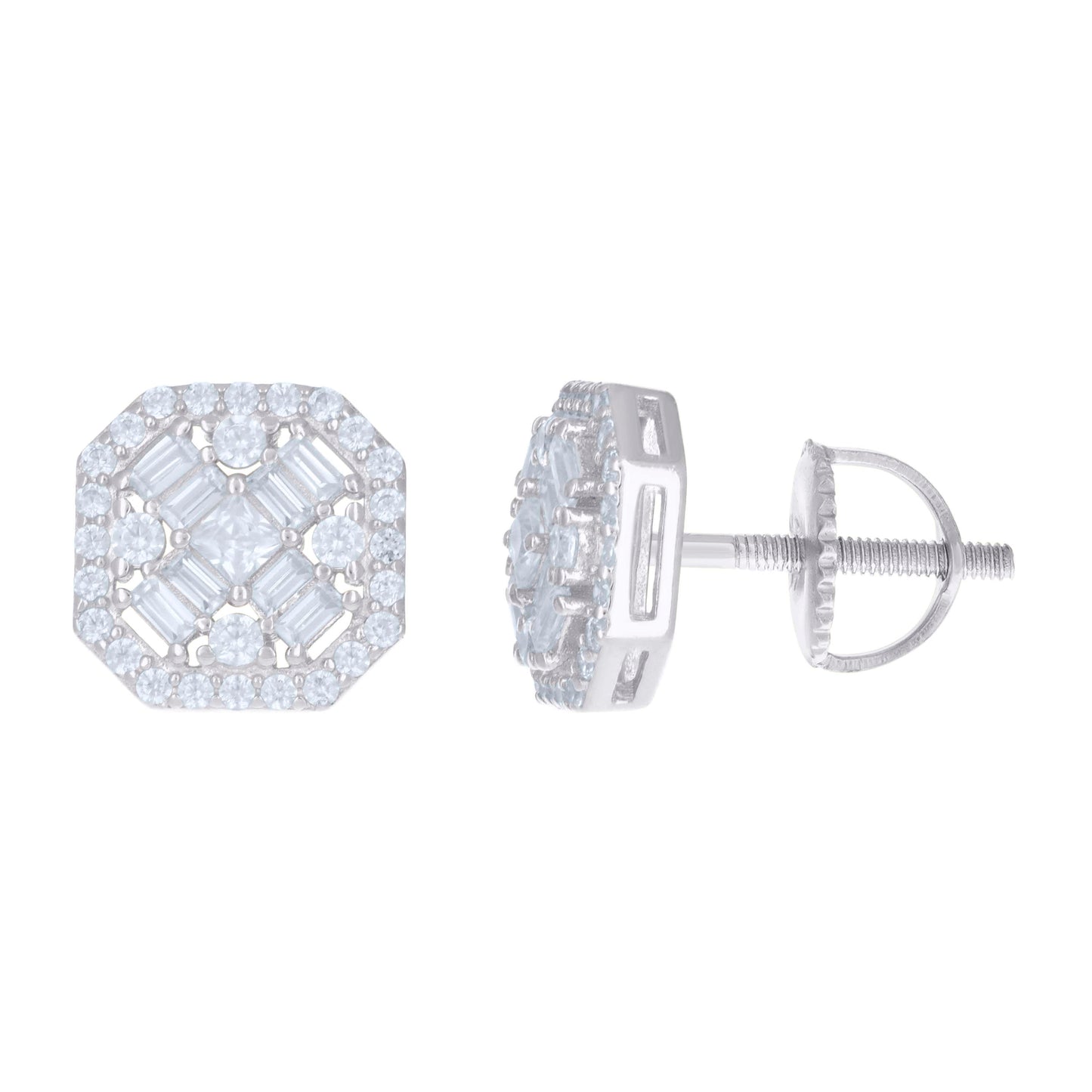 Sterling Silver Unisex Baguette Cubic-Zirconia Octagon Fashion Stud Earrings