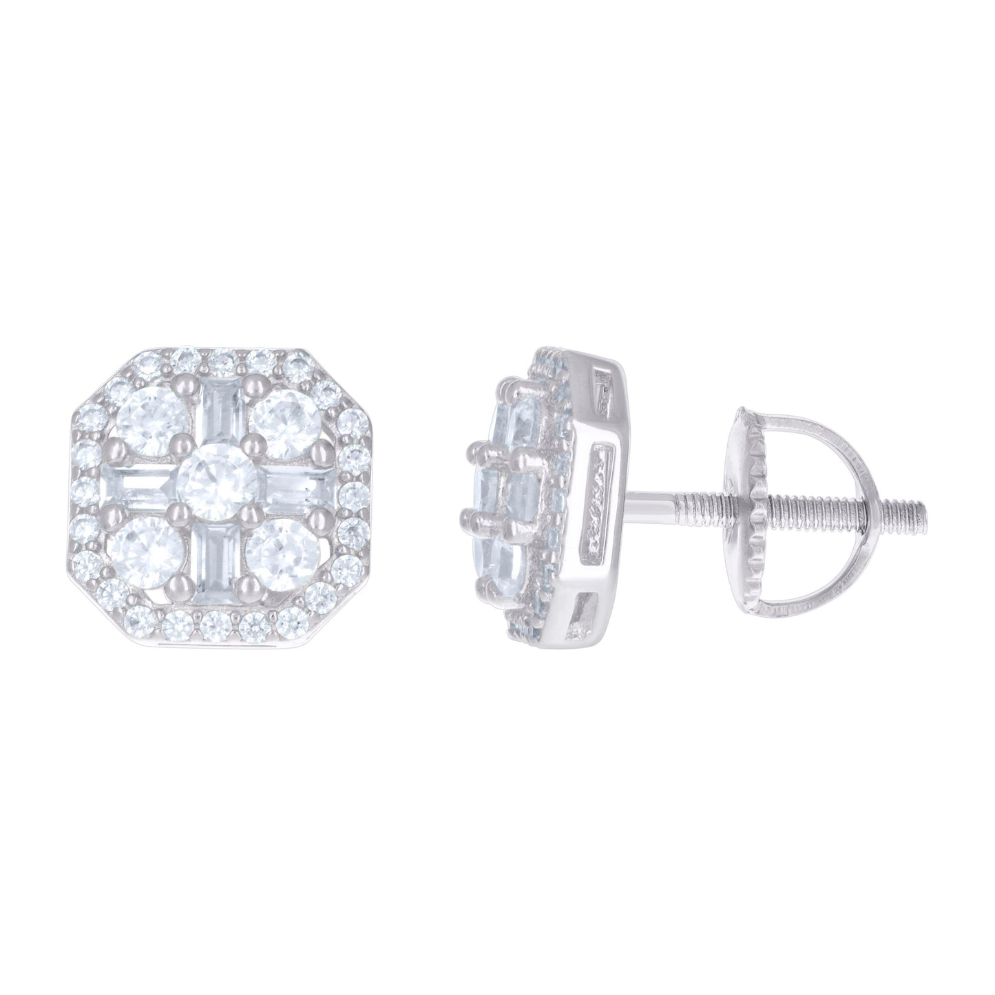 Sterling Silver Unisex Baguette Cubic-Zirconia Octagon Fashion Stud Earrings
