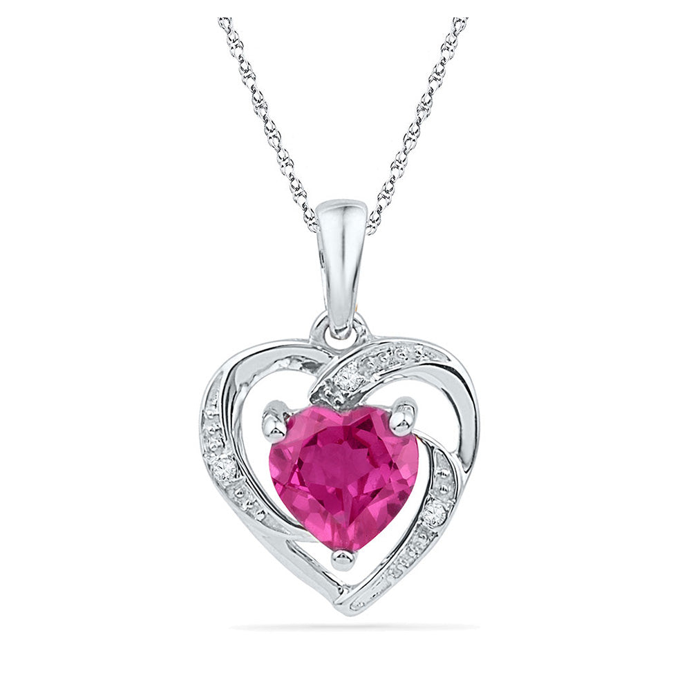 10K White Gold Womens Round Synthetic Pink Sapphire Heart Pendant 1 Cttw