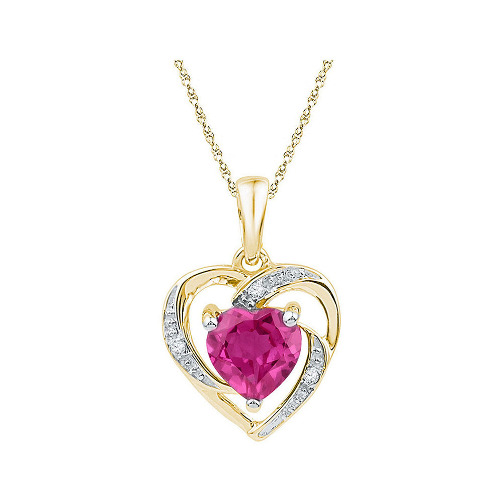 10K Yellow Gold Womens Round Synthetic Pink Sapphire Heart Pendant 1 Cttw
