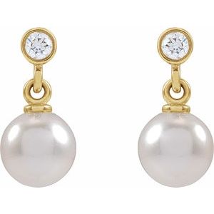 14K Yellow Gold Pearl 5.0-5.5 Mm Cultured Akoya Pearl And .06 Ctw Natural Diamond Earrings