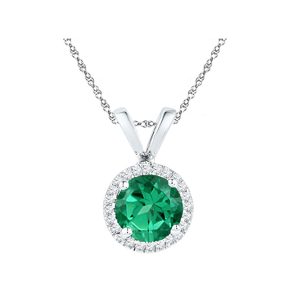 10k White Gold Womens Synthetic Emerald Solitaire & Diamond Halo Pendant 7/8 Cttw, Width: 0.31 In