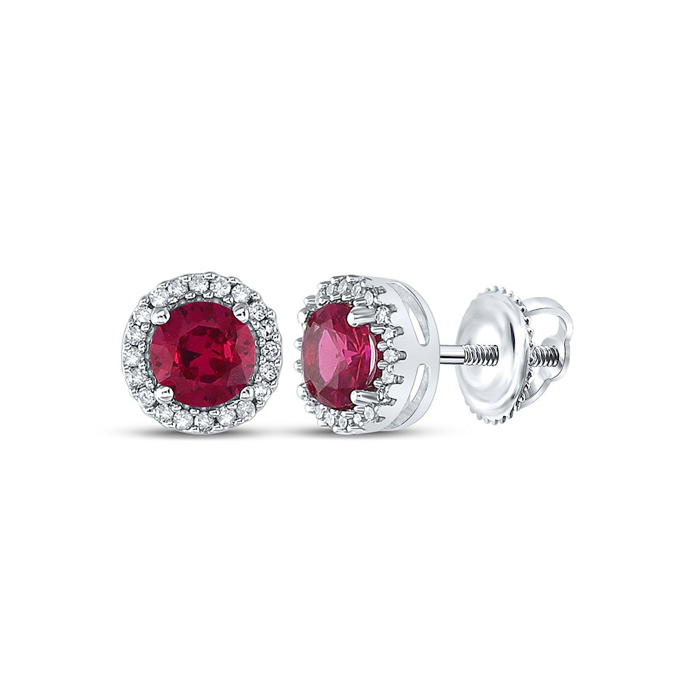 10K White Gold Womens Round Synthetic Ruby Diamond Stud Earrings 1-1/3 Cttw, Length: 0.28 In, Width: 0.28 In