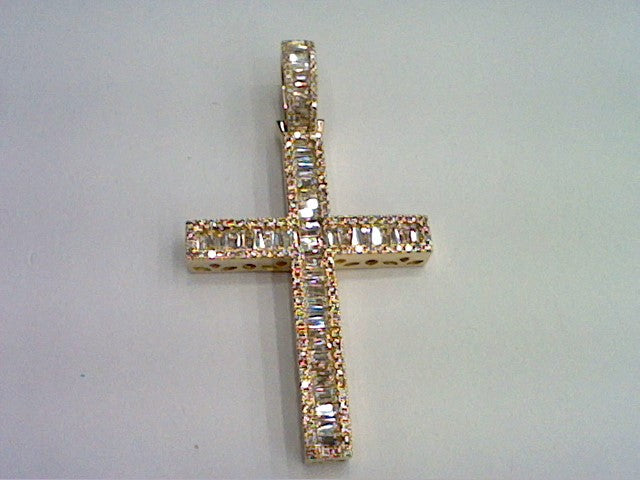 10K Yellow Gold 3.45-3.89 Cttw Diamond "Cross" Baguettes Charm