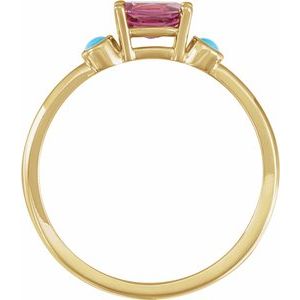 14K Yellow Gold 6x4 mm Natural Rhodolite Garnet & Natural Turquoise Ring Size 7