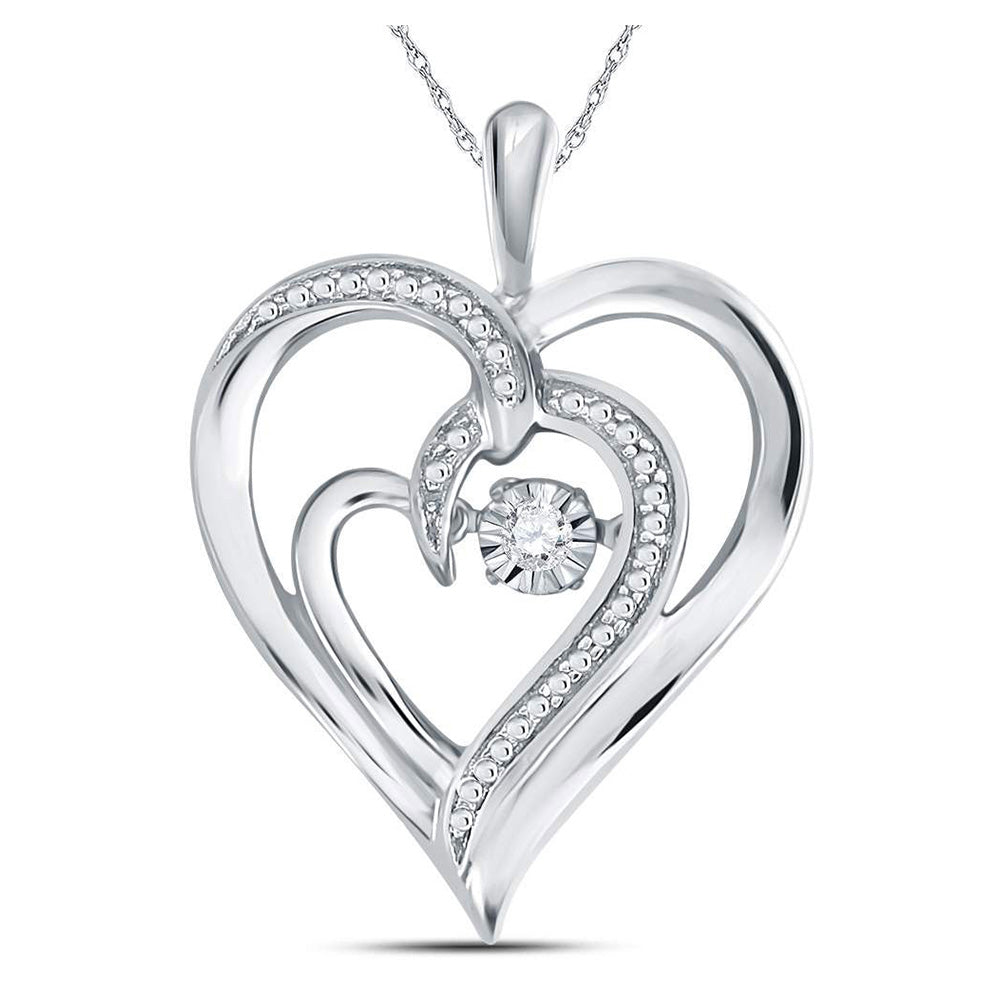 Sterling Silver Womens Round Diamond Heart Moving Twinkle Pendant .03 Cttw, Length: 0.96 In, Width: 0.69 In