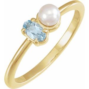 14K Yellow Gold Oval 5 X 3 Mm Cultured White Akoya Pearl Polished Natural Aquamarine And Cultured White Akoya Pearl Ring Size 7