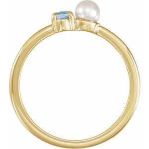 14K Yellow Gold Oval 5 X 3 Mm Cultured White Akoya Pearl Polished Natural Aquamarine And Cultured White Akoya Pearl Ring Size 7