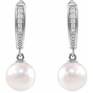 14K White Gold Pearl 7.0-7.5 Mm Pearl And .03 Ctw Natural Diamond Lever Back Earrings