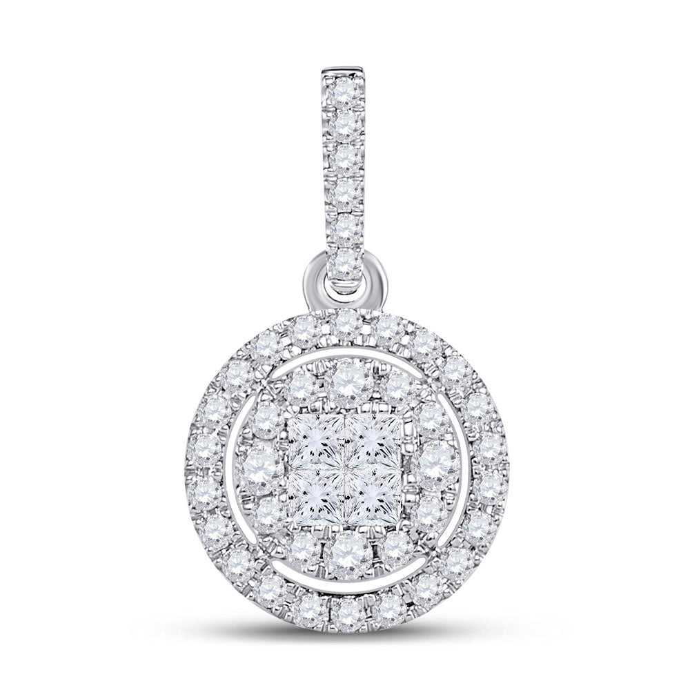 14K White Gold Womens Princess Diamond Fashion Halo Cluster Pendant 1/2 Cttw