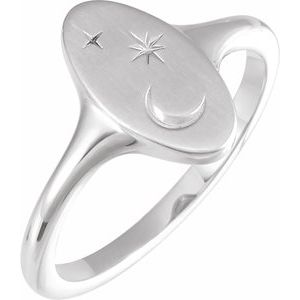 Sterling Silver Oval 13 X 7 Mm Brush Polished Moon And Star Signet Ring Size 7