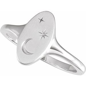 Sterling Silver Oval 13 X 7 Mm Brush Polished Moon And Star Signet Ring Size 7