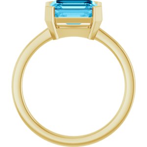 14K Yellow Gold Emerald-Shaped 8 X 6 Mm Polished Lab-Grown Aqua Sapphire Half-Bezel Solitaire Ring Size 7