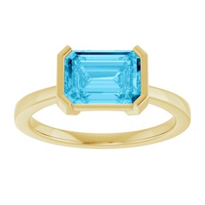 14K Yellow Gold Emerald-Shaped 8 X 6 Mm Polished Lab-Grown Aqua Sapphire Half-Bezel Solitaire Ring Size 7