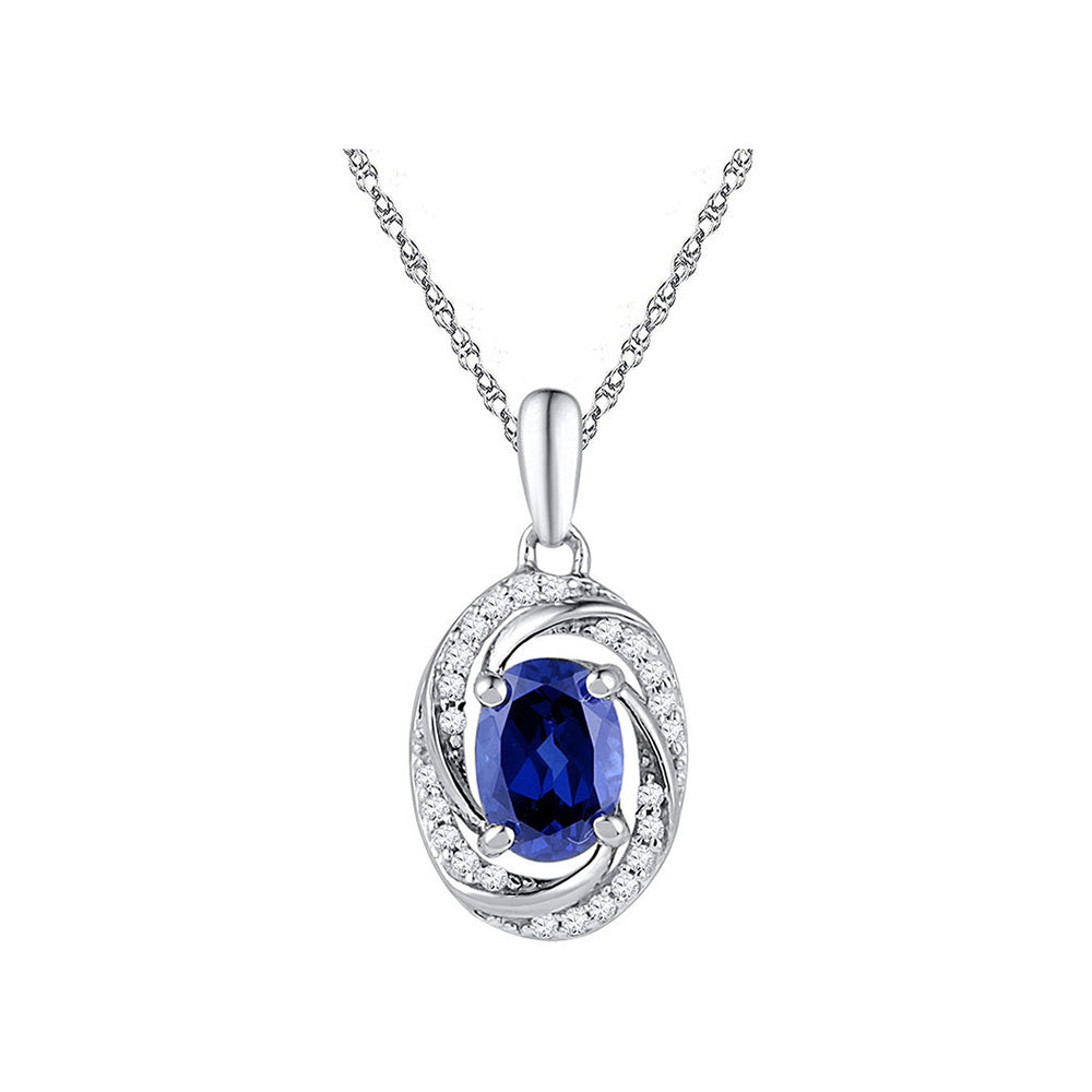 10K White Gold Womens Oval Synthetic Blue Sapphire Solitaire Diamond Pendant 1-1/3 Cttw, Width: 0.34 In