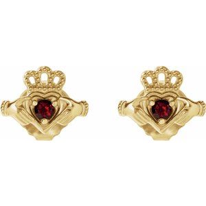 14K Yellow Gold Round 2 Mm Natural Mozambique Garnet Claddagh Earrings