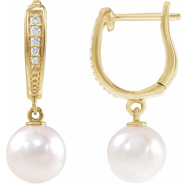 14K Yellow Gold 7.0-7.5 Mm Lever Backs Polished Cultured Akoya Pearl And .03 Ctw Natural Diamond Lever Back Earrings