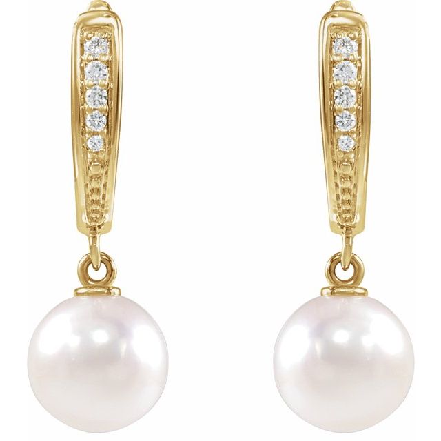 14K Yellow Gold 7.0-7.5 Mm Lever Backs Polished Cultured Akoya Pearl And .03 Ctw Natural Diamond Lever Back Earrings
