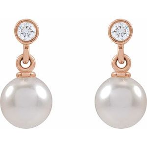 14K Rose Gold Pearl 5.0-5.5 Mm Cultured Akoya Pearl And .06 Ctw Natural Diamond Earrings