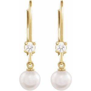 14K Yellow Gold Pearl 5 Mm Cultured White Akoya Pearl And 1/8 Ctw Natural Diamond Lever Back Earrings