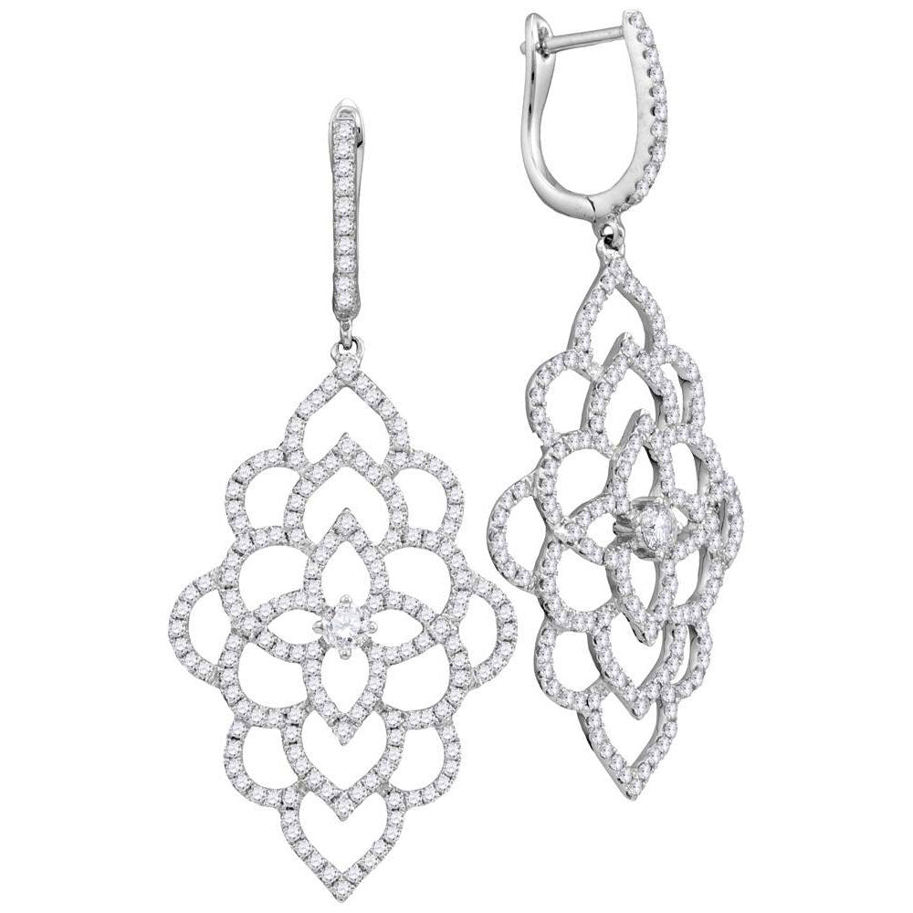 18K White Gold Womens Round Diamond Petals Cocktail Dangle Earrings 1-3/8 Cttw, Length: 1.73 In, Width: 0.08 In