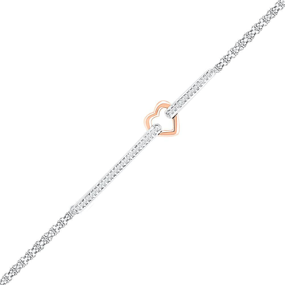 14K Two-tone Gold Womens Round Diamond Heart Fashion Bracelet 1/8 Cttw