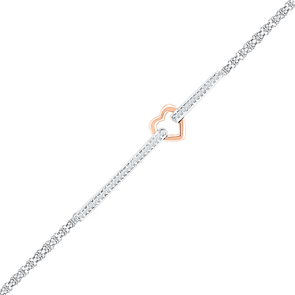 14K Two-tone Gold Womens Round Diamond Heart Fashion Bracelet 1/8 Cttw