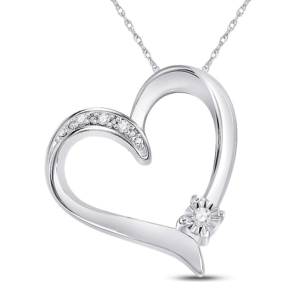 Sterling Silver Womens Round Diamond Solitaire Heart Pendant .03 Cttw, Width: 0.61 In