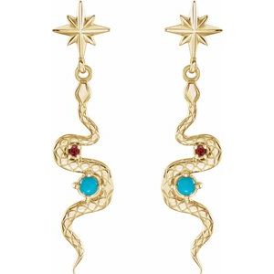 14K Yellow Gold Round 2 Mm Natural Turquoise And Natural Ruby Snake Dangle Earrings